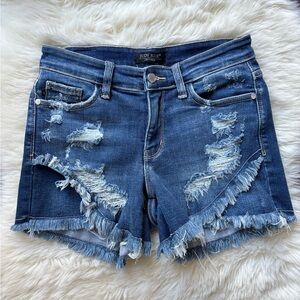 Judy Blue Shorts - Mid Rise Denim Distressed Fringe Jean Short